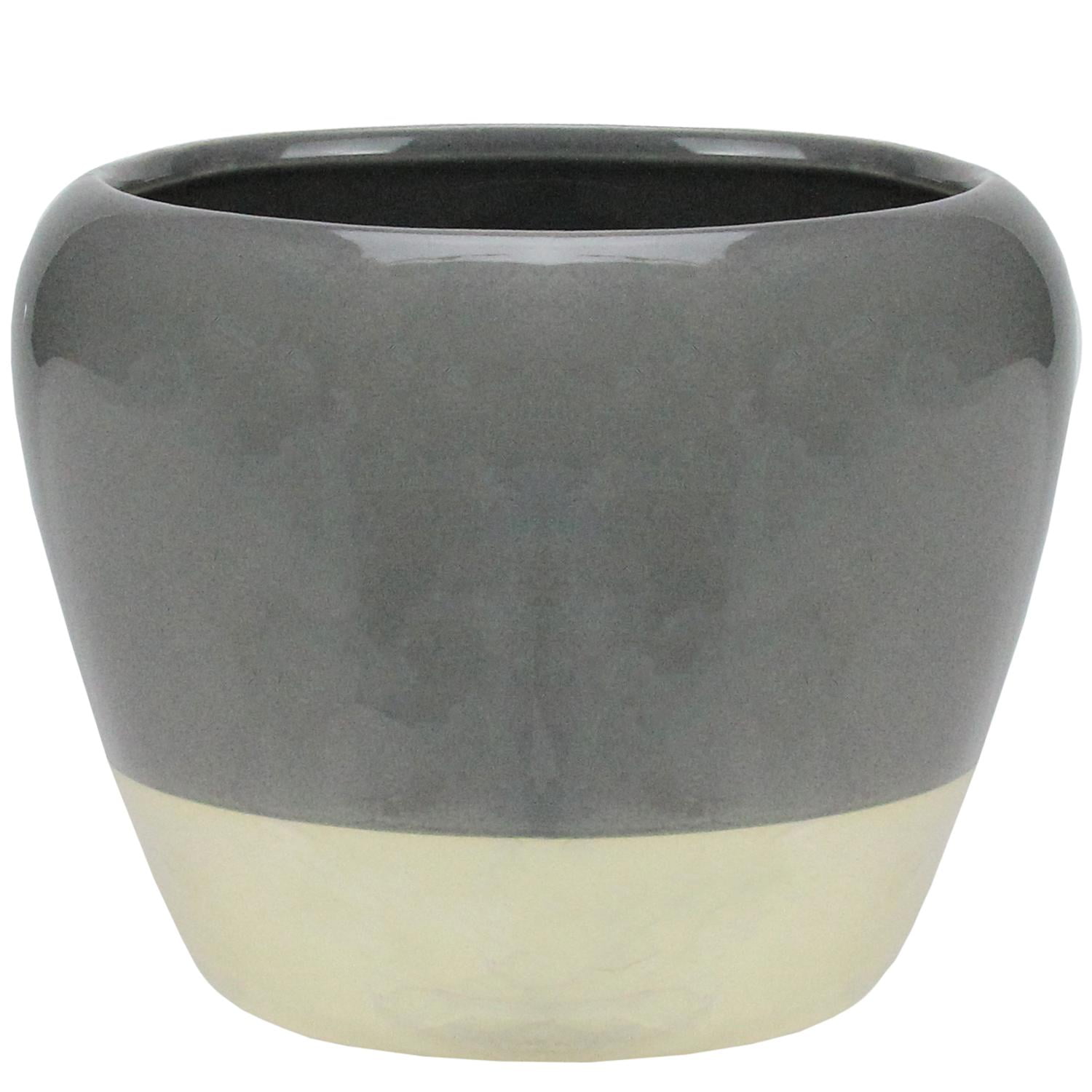 4.5" Shiny Gray with Faux Wood Grain Base Ceramic Cachepot Planter by Napco