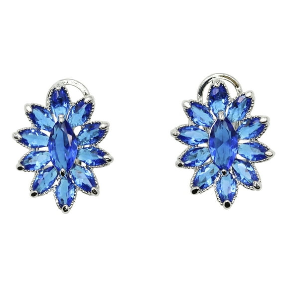 Faship Gorgeous Blue CZ Crystal Floral Pierced Clip Earrings