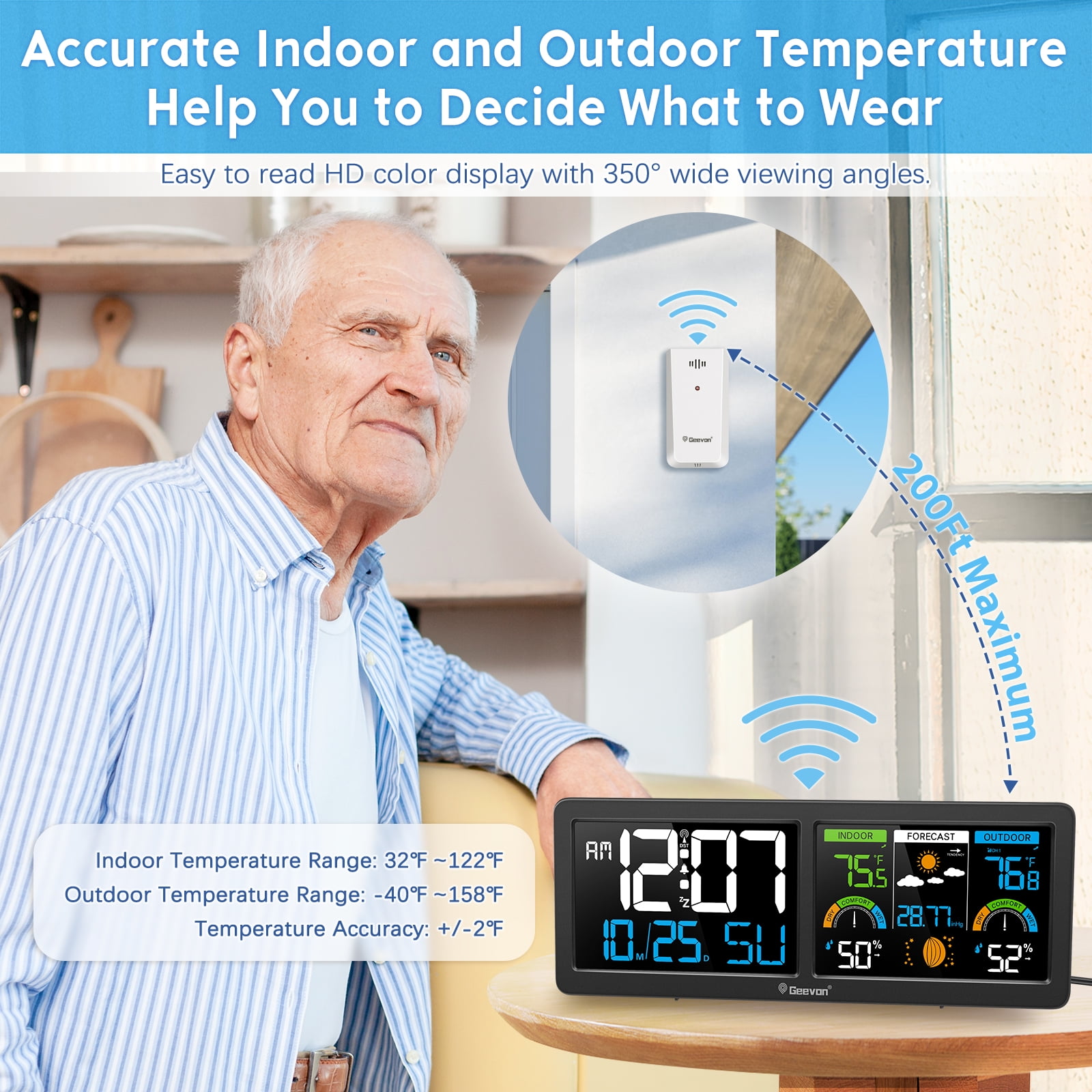 Geevon Weather Station Wireless Indoor Outdoor Thermometer with Atomic Clock, HD Color Display Digital Temperature Humidity Monitor with Barometer, Comfort Indicator, and Adjustable Backlight
