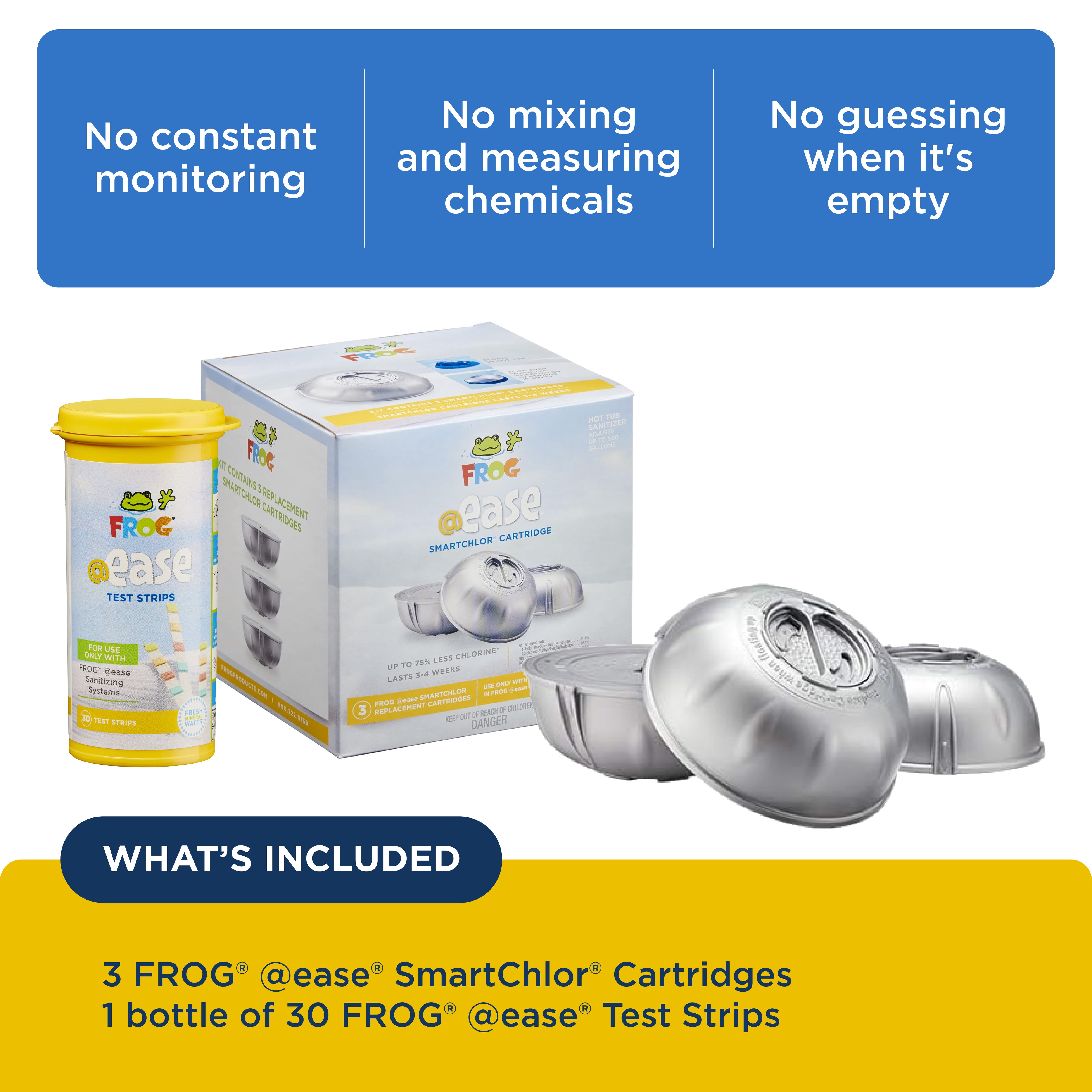 FROG @Ease Replacement SmartChlor Cartridge 3 Pack with 30 Test Strips for use with Hot Tub FROG @Ease Floating System - Hot Tub Sanitizer System Supports Less Chlorine Use
