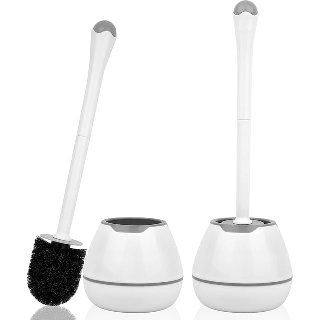 Cepillo y soporte para inodoro, paquete de 2 cepillos y soportes para inodoro con mango largo, soporte de plástico fácil de ocultar, a prueba de goteo, color blanco