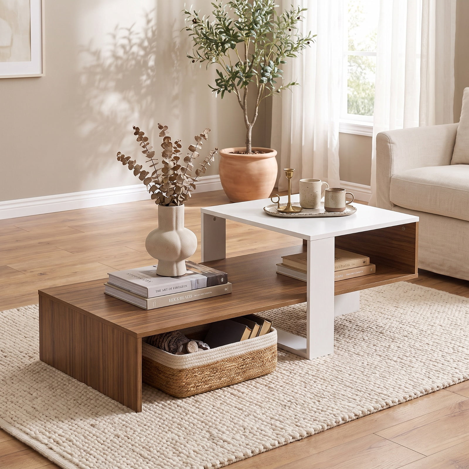 Furnibear 2 Tier Modern Irregular Coffee Table with Open Storage Shelf and Geometric Silhouette for Living Room for Home and Living Space, White and Brown