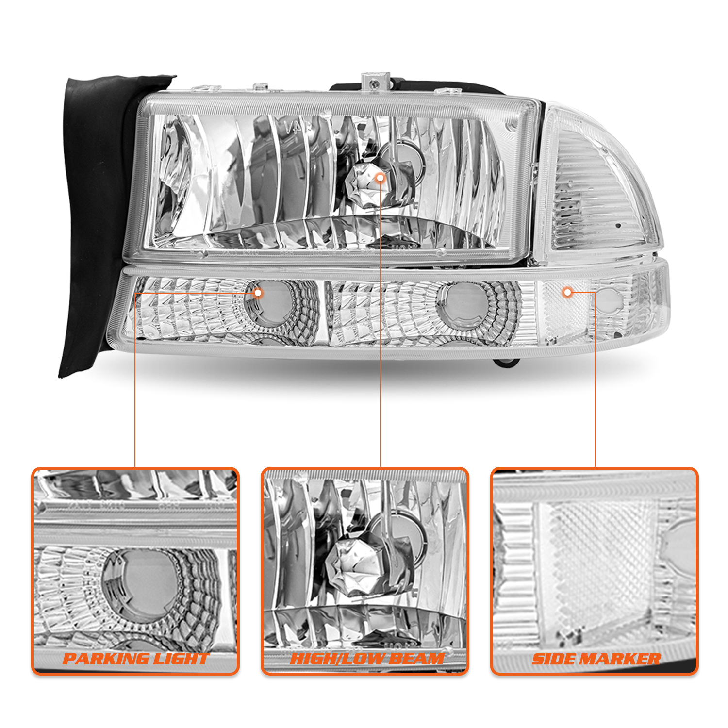 For 1997-2004 Dodge Dakota 1998-2003 Durango Chrome Clear Headlights Left+Right