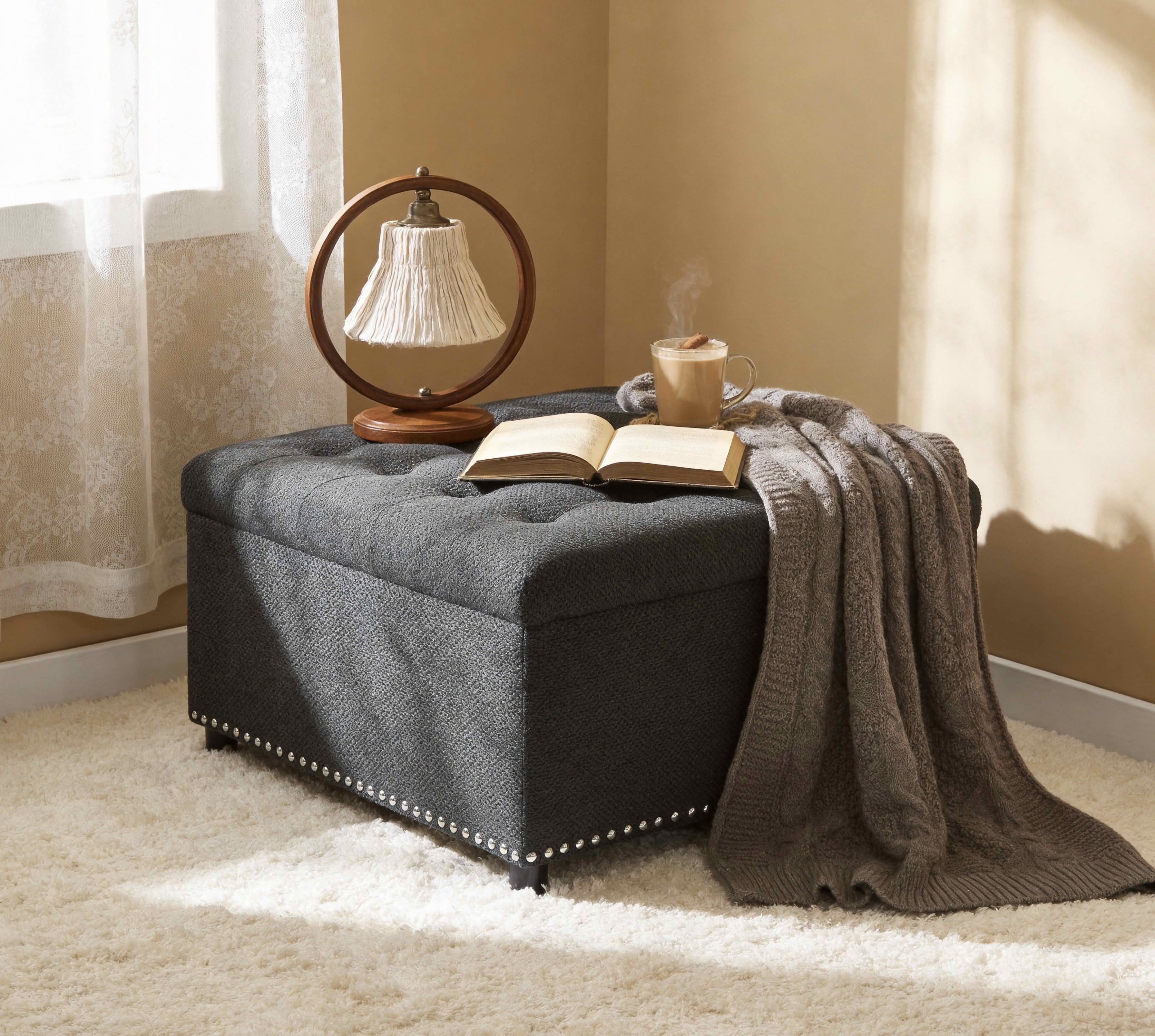 MAYEERTY 30 In Storage Ottoman, Tufted Footstool, Nailhead Trim, Square Ottoman, Dark Grey