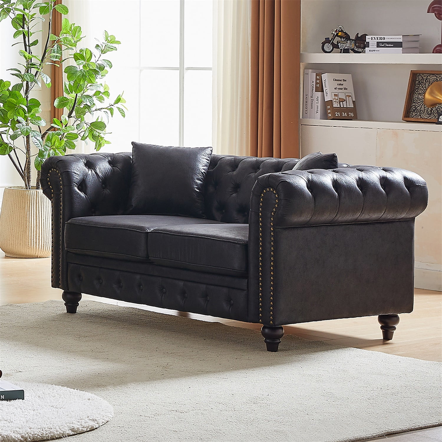 Hommoo 83.5"W Luxury Tech Fabric Chesterfield Loveseat, 2-Seater Sofa Couches with Button Tufted Design &Rolled Arms, Black