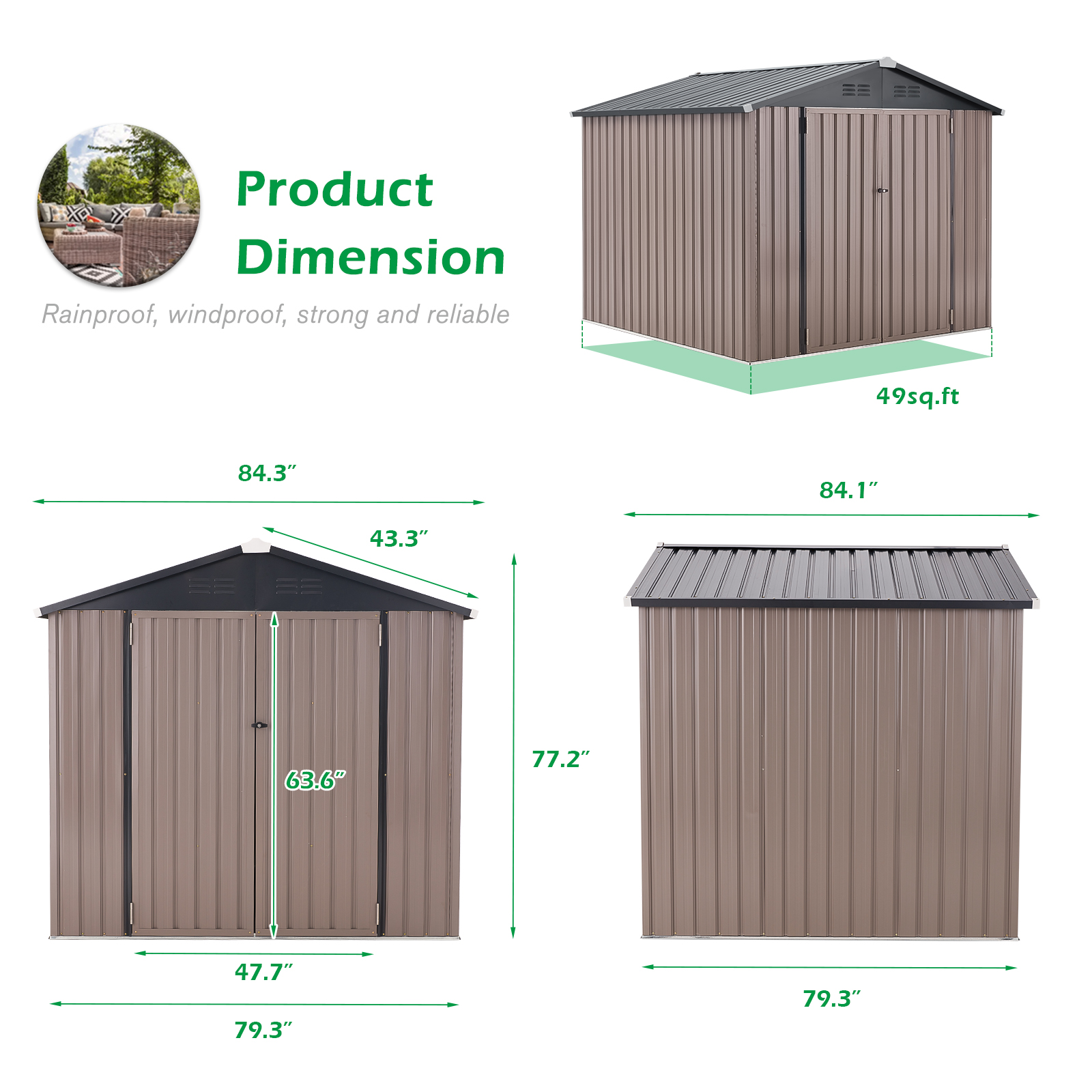 YODOLLA 7 x 7 ft. Outdoor Metal Storage Shed with Sliding Roof ...