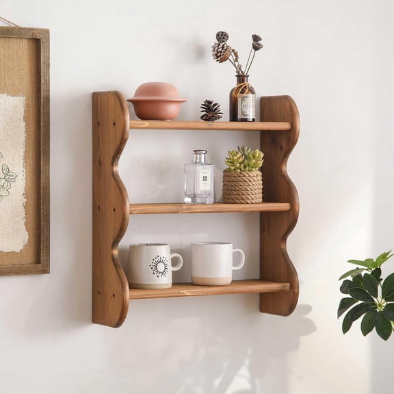 MORAVE 3-Tier 100% Solid Wood Floating Wall Shelf, Rustic Farmhouse Wall Mounted Storage Hanging Display Shelves for Apartment Living Room Bedroom