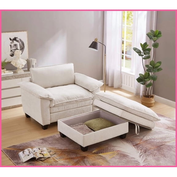 51" Oversize Soft Chenille Chaise Lounge with Storage Ottoman - Casual Style for Living Room & Bedroom