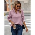 thumbnail image 4 of Women's Autumn and Winter Casual Loose Pullover Quarter Zip Design Ribbed Quilted V-Neck Pink S, 4 of 9