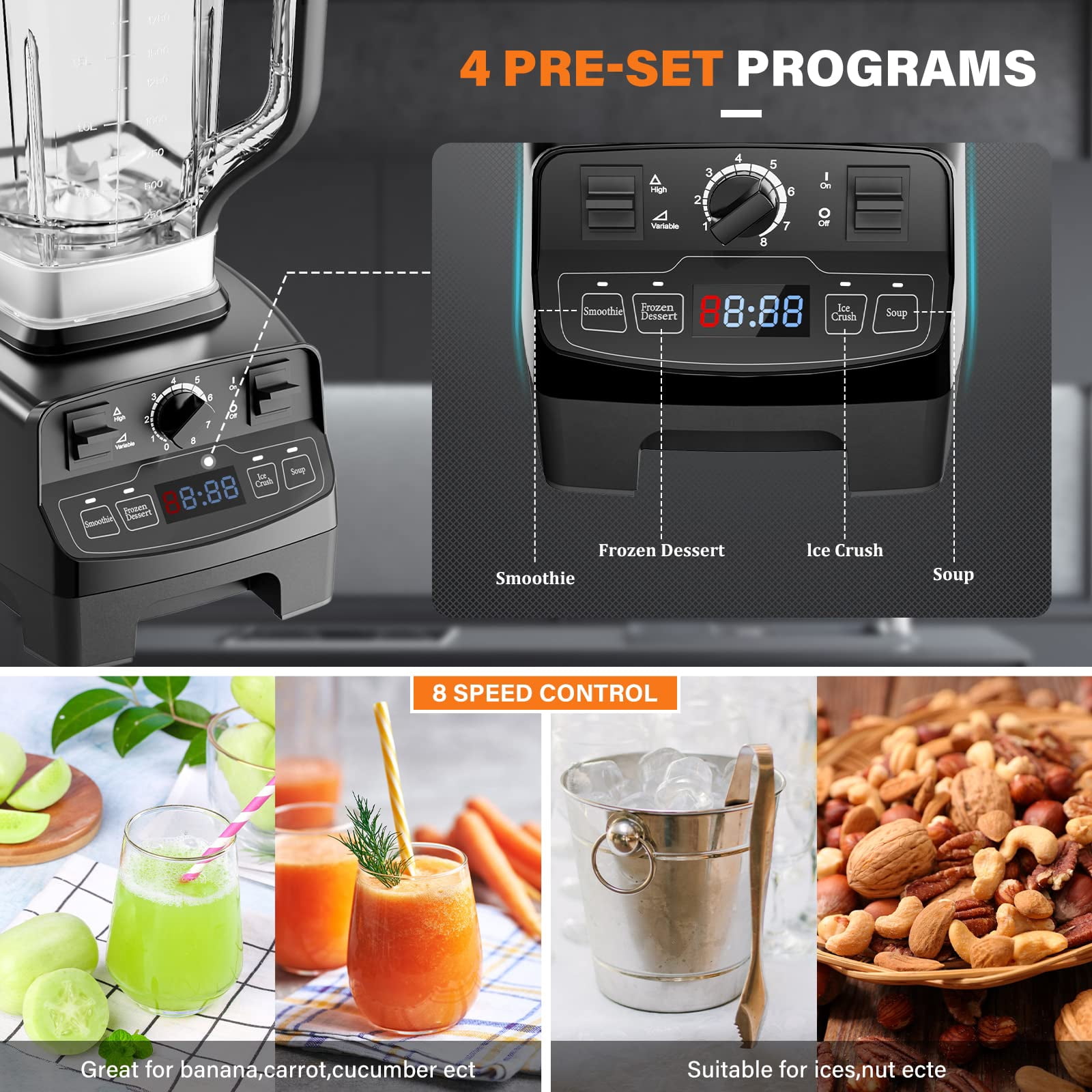 Kisdream Smoothie Blender 1450 W 2L 8-Speed Blender, Black