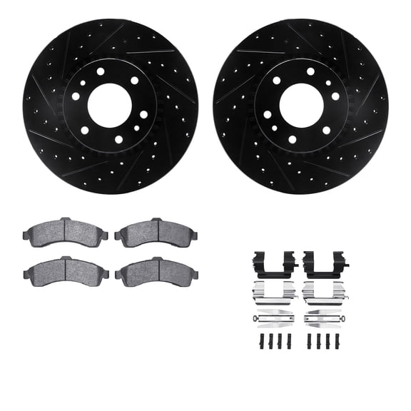 Dynamic Friction Company Front Brake Rotors-Drilled and Slotted-Black with Heavy Duty Brake Pads includes Hardware 8212-48020