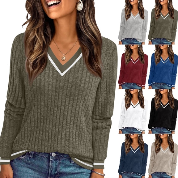 Wutalume Women's Long Sleeve V Neck Color Block Slim Knit Sweater, Fall Soft Lightweight Top, Solid Base Layer for Styling and Comfort,Army Green L