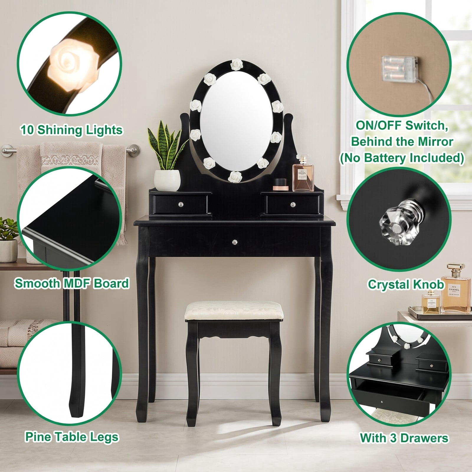Furnibear Makeup Vanity Table Set with Lighted 360-Degree Rotating Mirror 3 Drawers Cushioned Stool for Bedroom, Black