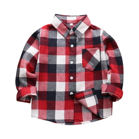 

EHTMSAK Infant Baby Boy Cotton Plaid Shirts Toddler Child High Neck Long Sleeve Button Up Jackets Fall Winter Pockets Outerwear Watermelon Red 100