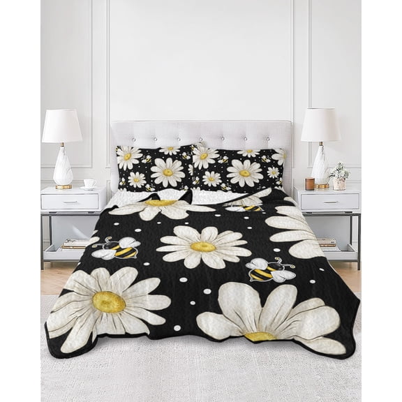 Quilts Twin XL Size, White Daisy Farmhouse Soft Comforter Bedding Set for Bed, Garden Floral Honeybees Black Lightweight Quilted Bedspread with Pillow Cover(2 Pieces) for All Season, 68x98 Inch