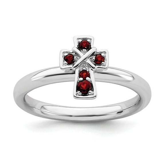 925 Sterling Silver Stackable Expressions Rhodium Garnet Cross Ring Size: 7; for Adults and Teens; for Women and Men