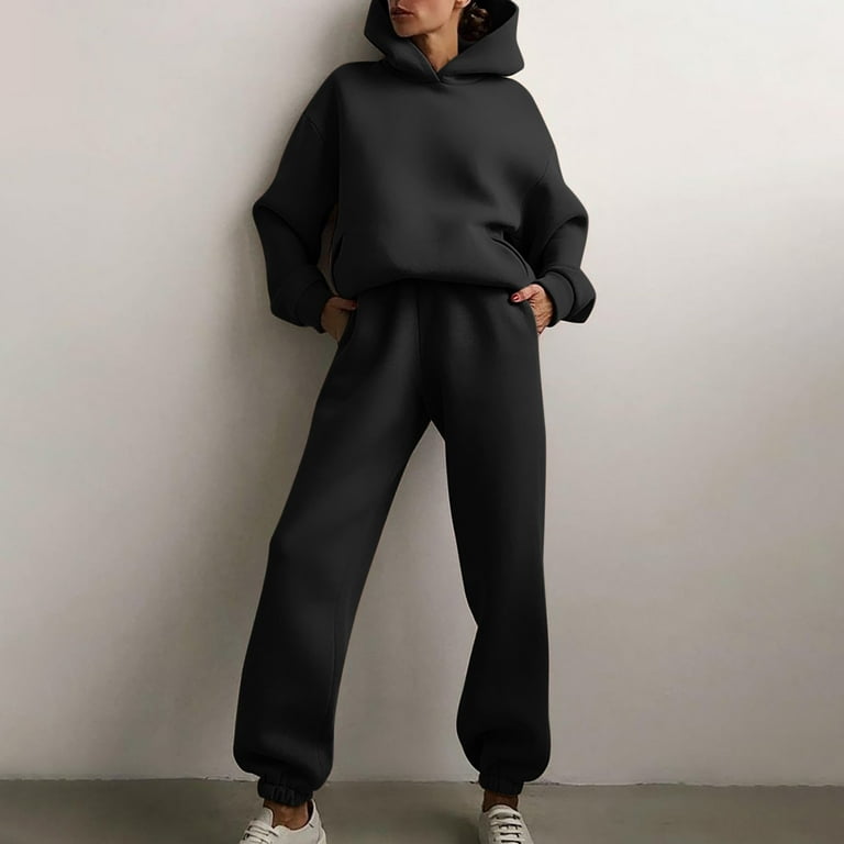 Jogging Suits for Women Fleece Lined Baggy Pullover Hoodie and Sweatpants  Solid 2 Piece Outfits Tracksuit Set