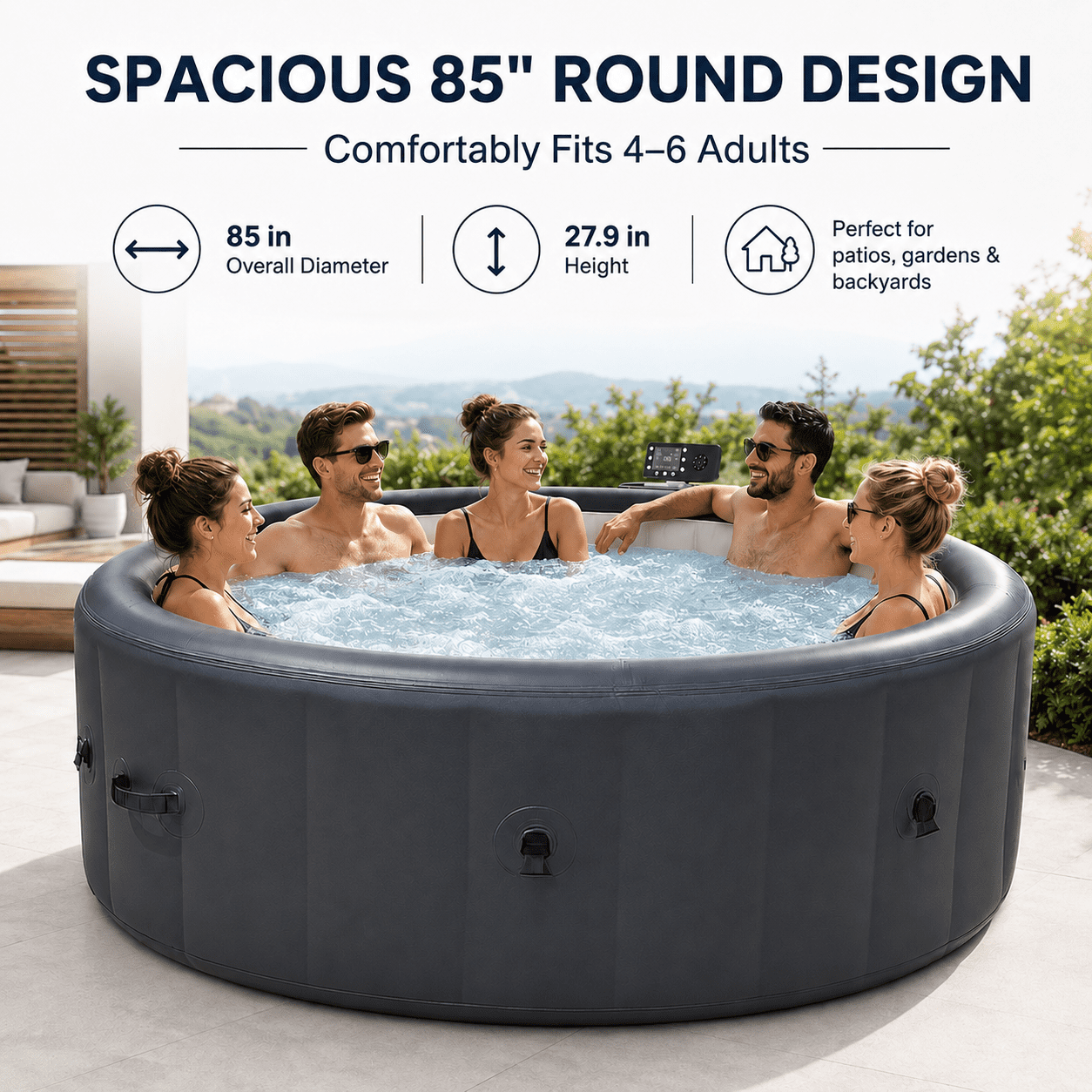 85" Inflatable Hot Tub for 4-6 Persons, Portable Outdoor Spa Tub with 150+ Air Jets, 104°F Heating, 6-Color Ambient LED Lights, Bubble Massage, One-Touch Inflation, Filter System, Cover & Floor Mat