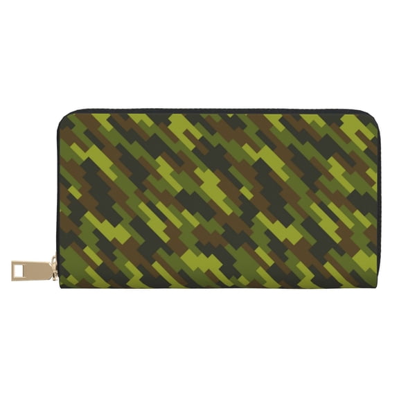 Leather Thin Slim Wallets for Women Men - Pixel Camouflage Green Clutch Card Wallet for Women Men with Zipper