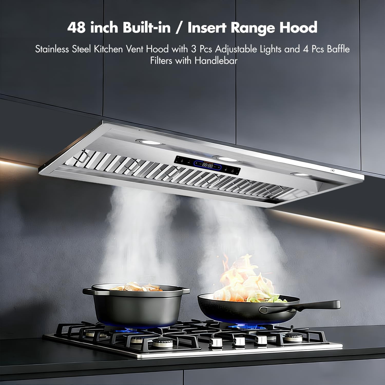 48 inch Built-in Range Hood Insert Vent, Dual Motors Stainless Steel Kitchen 1400 CFM Gesture Sensing & Touch Control, Ducted, Baffle Filters, 4 Speed Stove Exhaust Fan, ETL listed