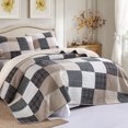 thumbnail image 3 of CozyDH 100% Cotton Patchwork Queen Quilt Set 3-Pieces, Farmhouse Reversible Lightweight Bedspread with 2 Pillow Cases, Brown Black, 3 of 15