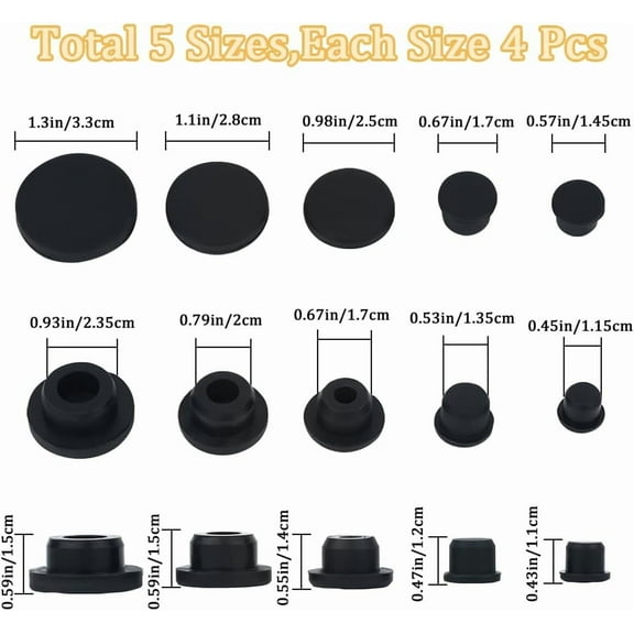 1bag 20pcs 5 style Silicone Hole Plugs Snap in Hole Plugs Post Pipe Insert End Caps for Furniture Fencing Round Black 14.5~33x11~15mm 4pcs/style