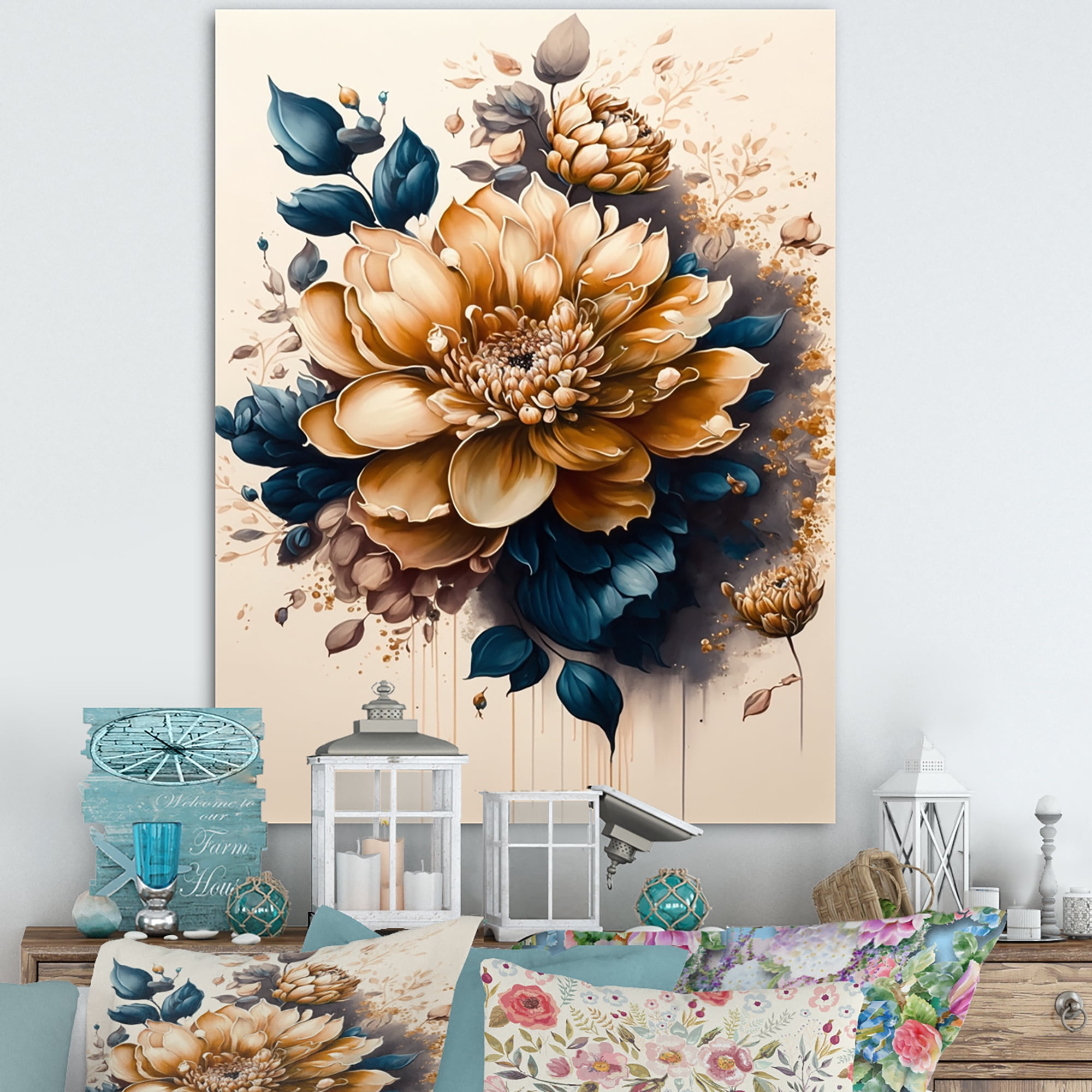 Designart Light Orange And Dark Blue Dhalia I Canvas Wall Art
