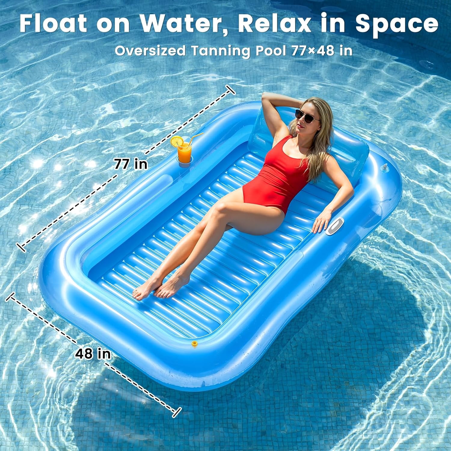Inflatable Tanning Pool Lounger Float with Sprinkler, 77" x 48" Pool Floats Adult with Pillow, 6 in 1 Suntan Tub Raft Floatie with Drink Holder Sunbathing Water Lounge L