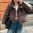 thumbnail image 4 of Women’s Cropped Puffer Jacket Winter Classic Quilted Bubble Coats Long Sleeve Stand Collar Full Zip Padded Down Outwear (S, Coffee), 4 of 8