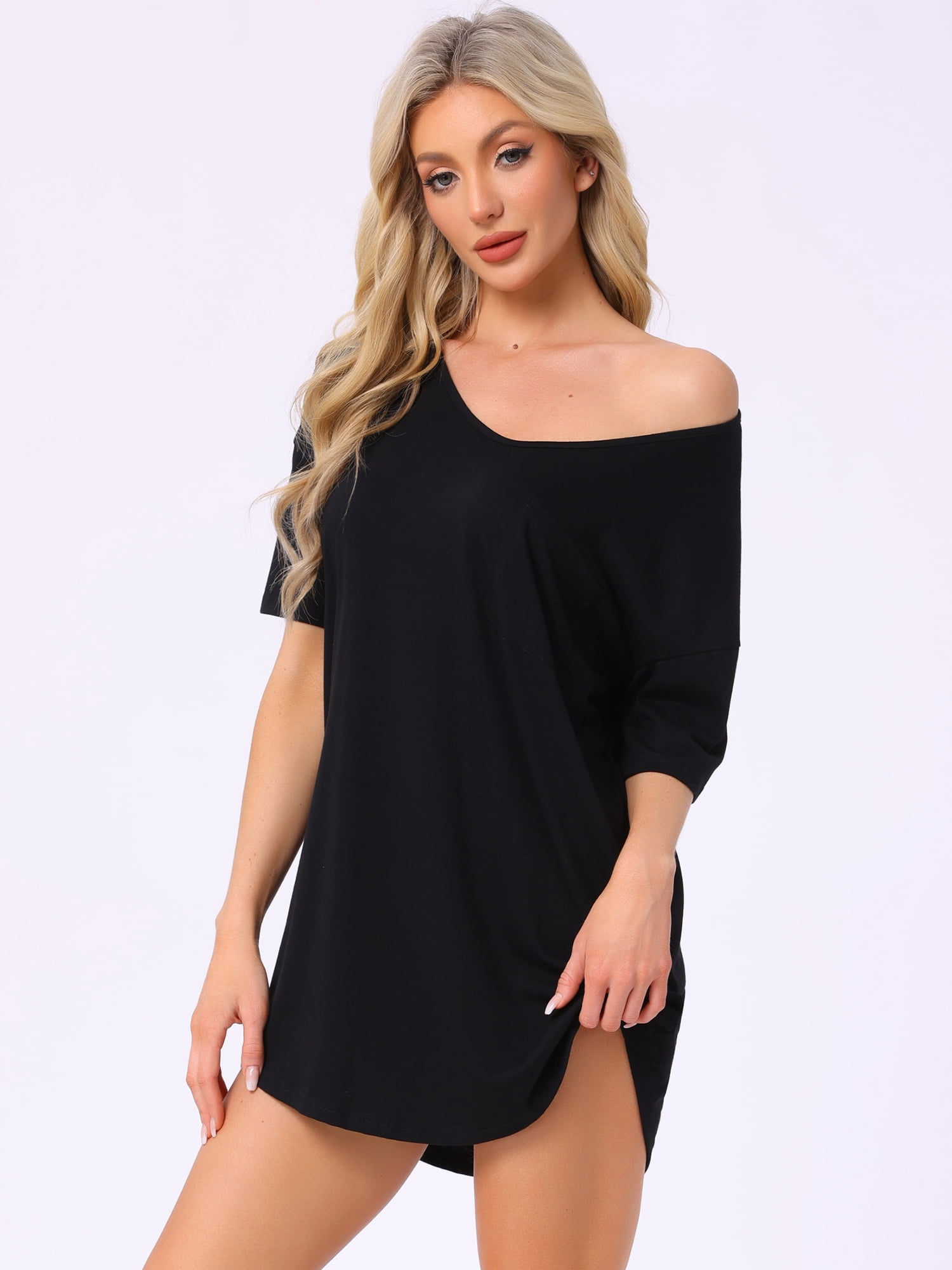 DARING DIVA Women's Soft V Neck Sleepshirts Comfy Oversized Nightshirt M Black