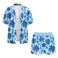 thumbnail image 4 of FKEKYI Blue Monstera Palm Leaf Print Women Summer Short Set 2 Piece Set Beach Sets Open Front Top & Shorts with Elastic Waist Ladies Beachwear Resort Wear for Travel, M, 4 of 7