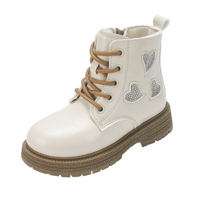 SgJHXb Stylish Girls Ankle Boots With Heart Rhinestone Leather Lace Up Side Zipper Design For Winter Fashion Outfits Sizes 13(7-8 Years)