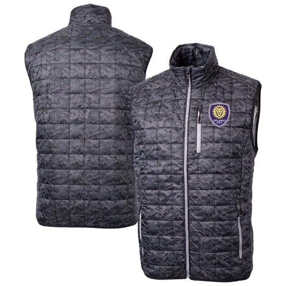 Men's-Cutter & Buck Black Orlando City SC Rainier PrimaLoft Eco Insulated Full-Zip Printed Puffer Vest