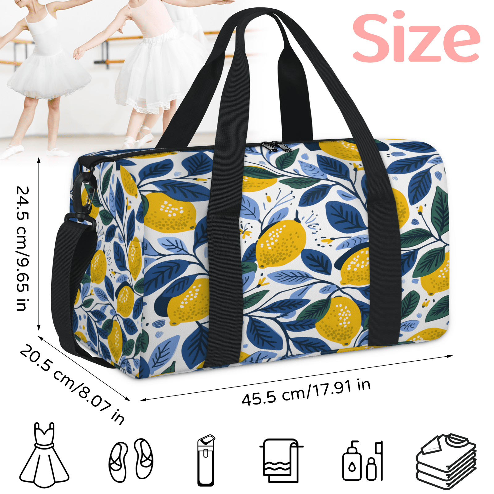 Herdesigns Lemon Gym Bag for Women, Duffle Bag for Travel Sport, Lemon Lightweight Waterproof Carry on Weekender Dance Yoga Workout Bags