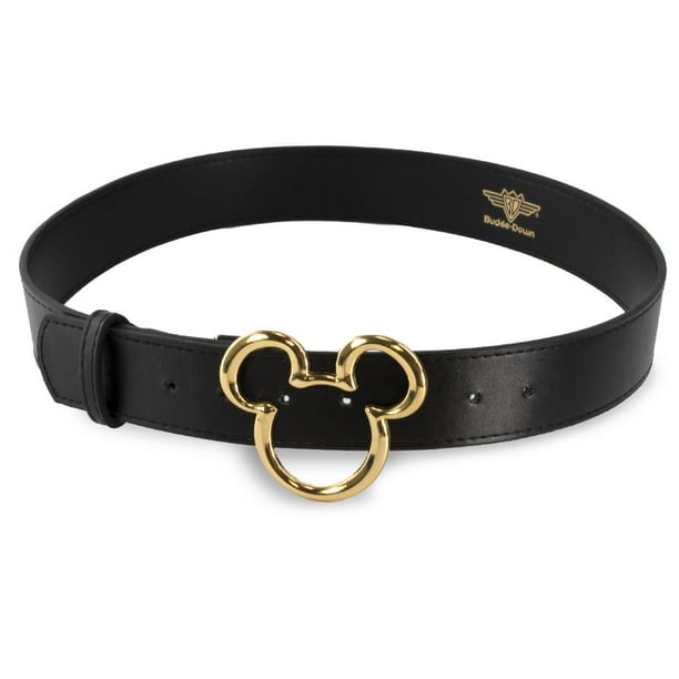 Disney Belt, Mickey Ears Gold Cast Buckle, Black Vegan Leather Belt