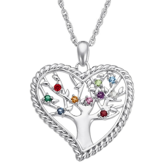 Personalized Planet Women's Silvertone or Goldtone Family Heart Birthstone Tree Pendant, 20"