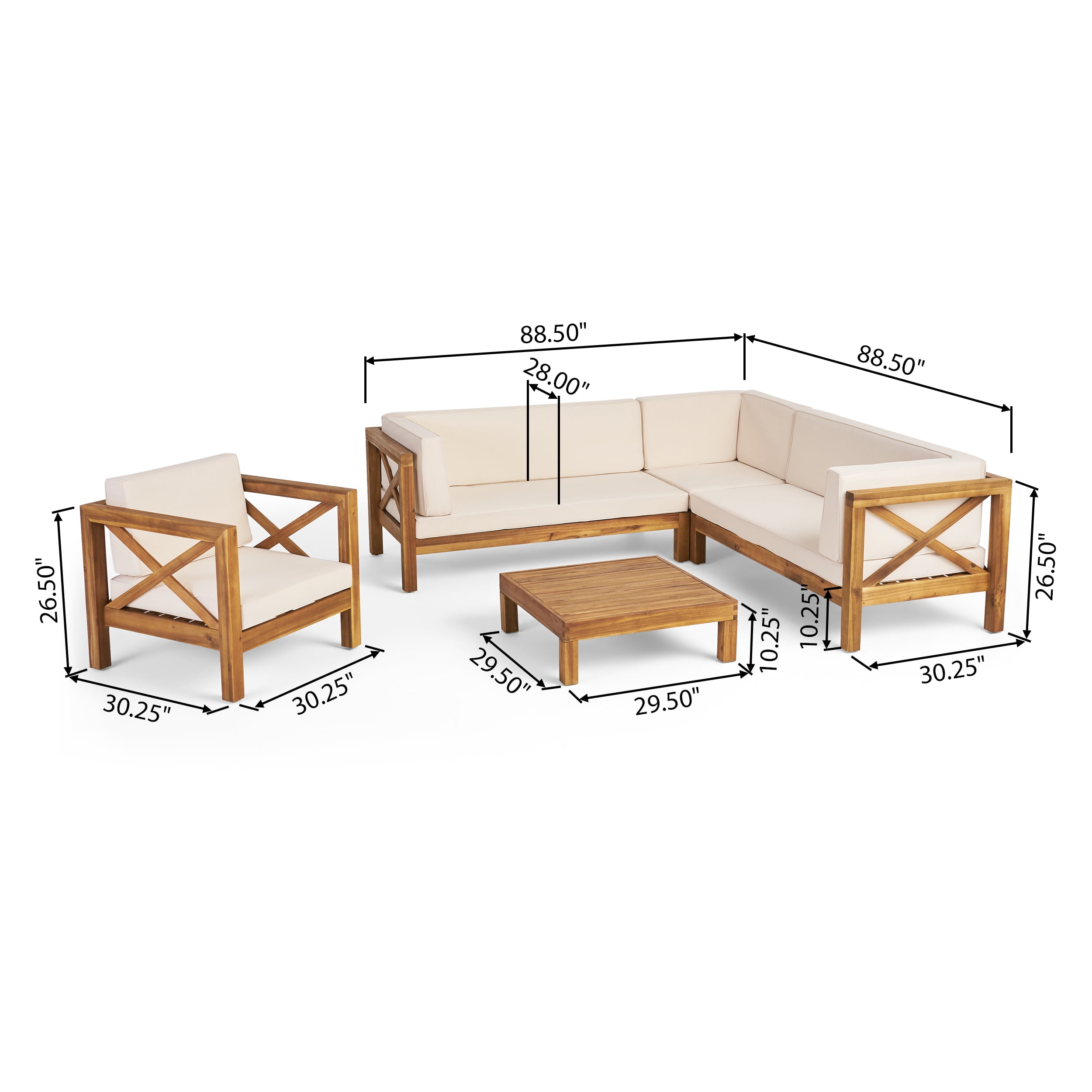Timothy Outdoor 6-Seater Acacia Wood Sectional Sofa and Club Chair Set, Teak Finish, Beige