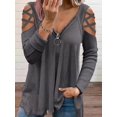 thumbnail image 4 of Tops de manga larga con hombros descubiertos para mujer, cuello en V, anillo con cremallera, camisa cruzada de punto gofrado, camisetas casuales, camisas grises de punto gofrado XX-Large, 4 of 5