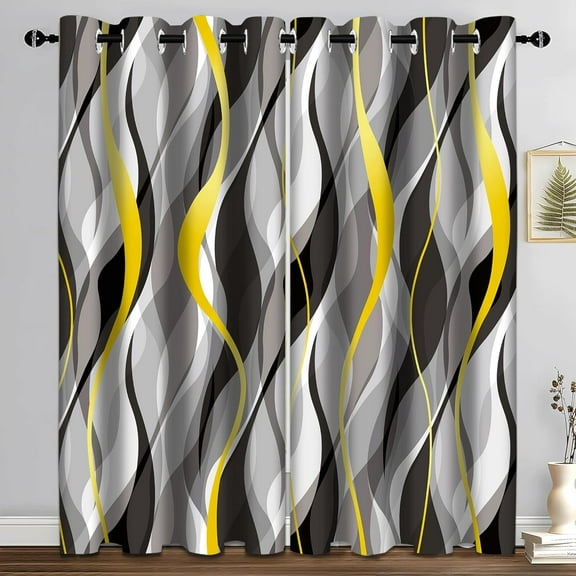 Black Gray Striped Blackout Curtain, Yellow White Abstract Ombre Window Curtains Darkening Thermal Insulated Window Drapes for Living Room Bedroom Decor 26"W x 63"L (Pack of 2)