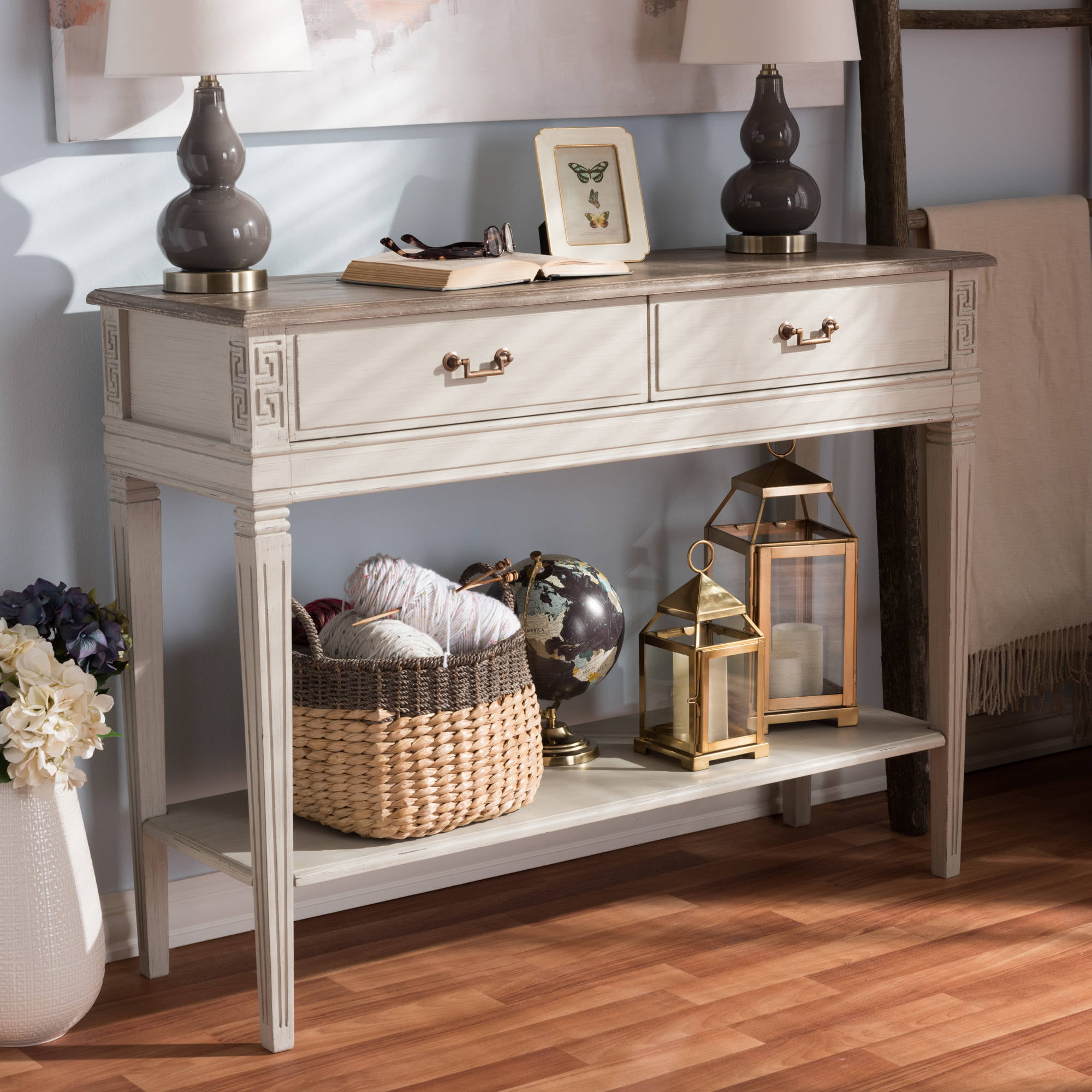 Baxton Studio Arte White Wash 2 Drawer Console Table with ...