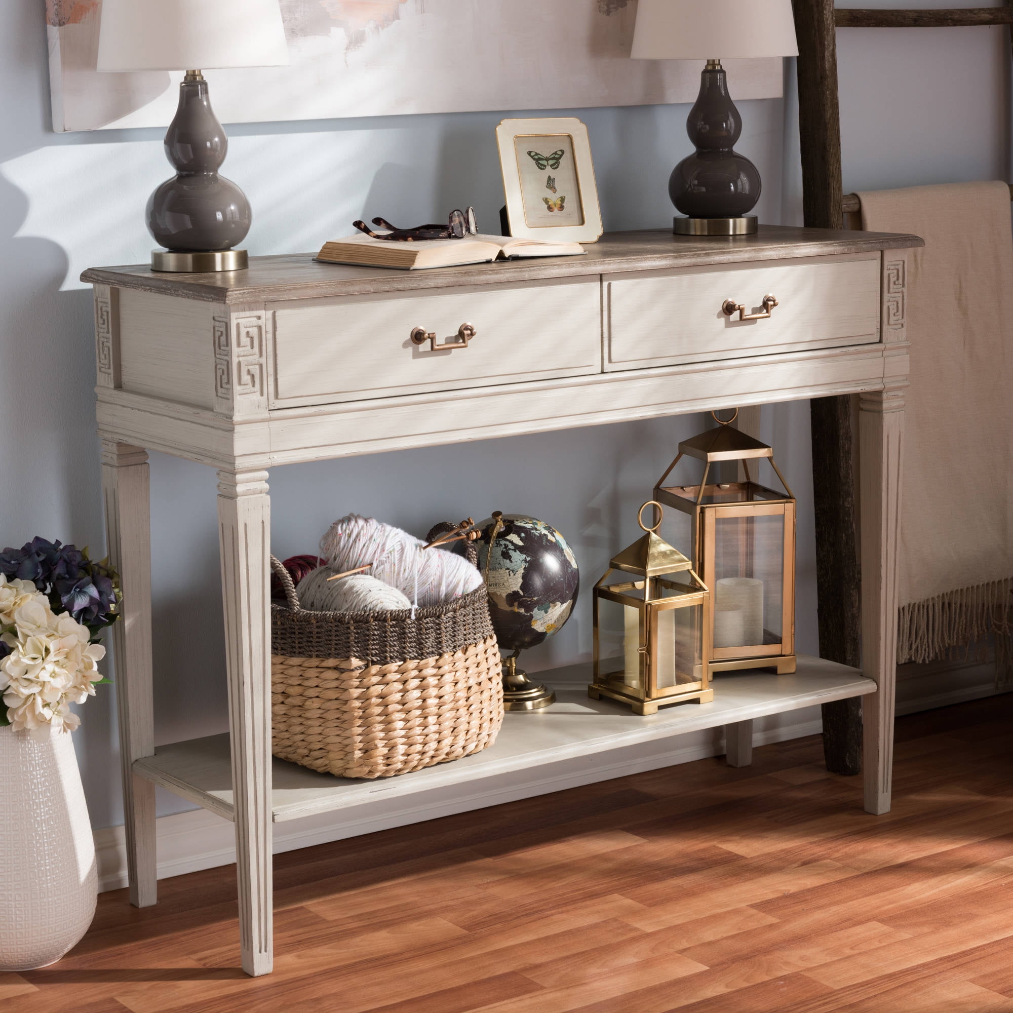 Baxton Studio Arte White Wash 2 Drawer Console Table with Shelf