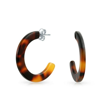 Faux Shell Earrings - Brown Acrylic Tortoise Shell Flat Half Hoop Stud Earrings For Women Stainless Steel 1 Inch Dia