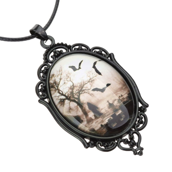 Bat Cemetery Glass Pendant Necklace Halloween Neck Chain Gothic Choker Clavicle Chain Statement Jewelry for Women Men