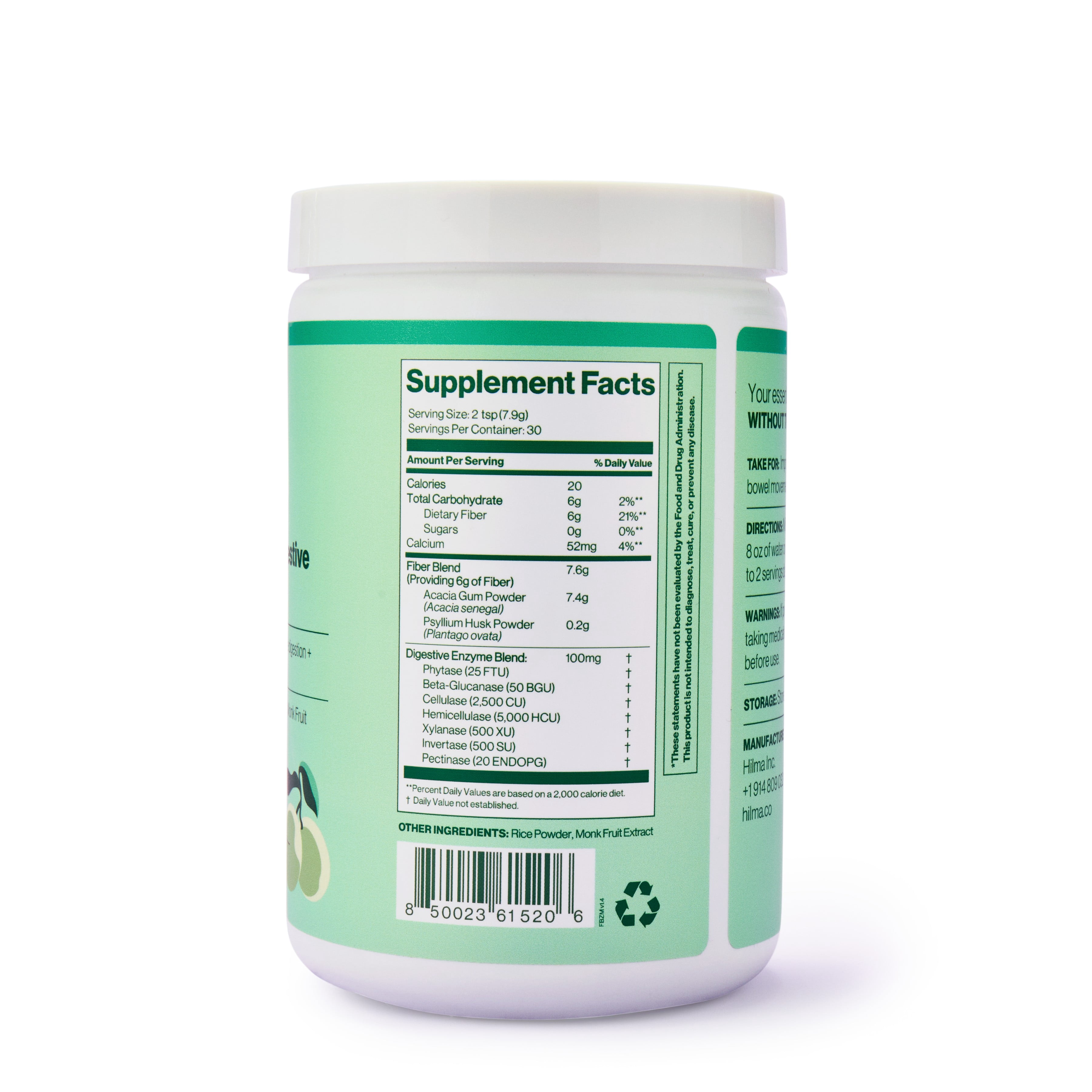 Hilma Daily Fiber + Digestive Enzymes Dietary Supplement Powder, Doctor Formulated, 30 Servings