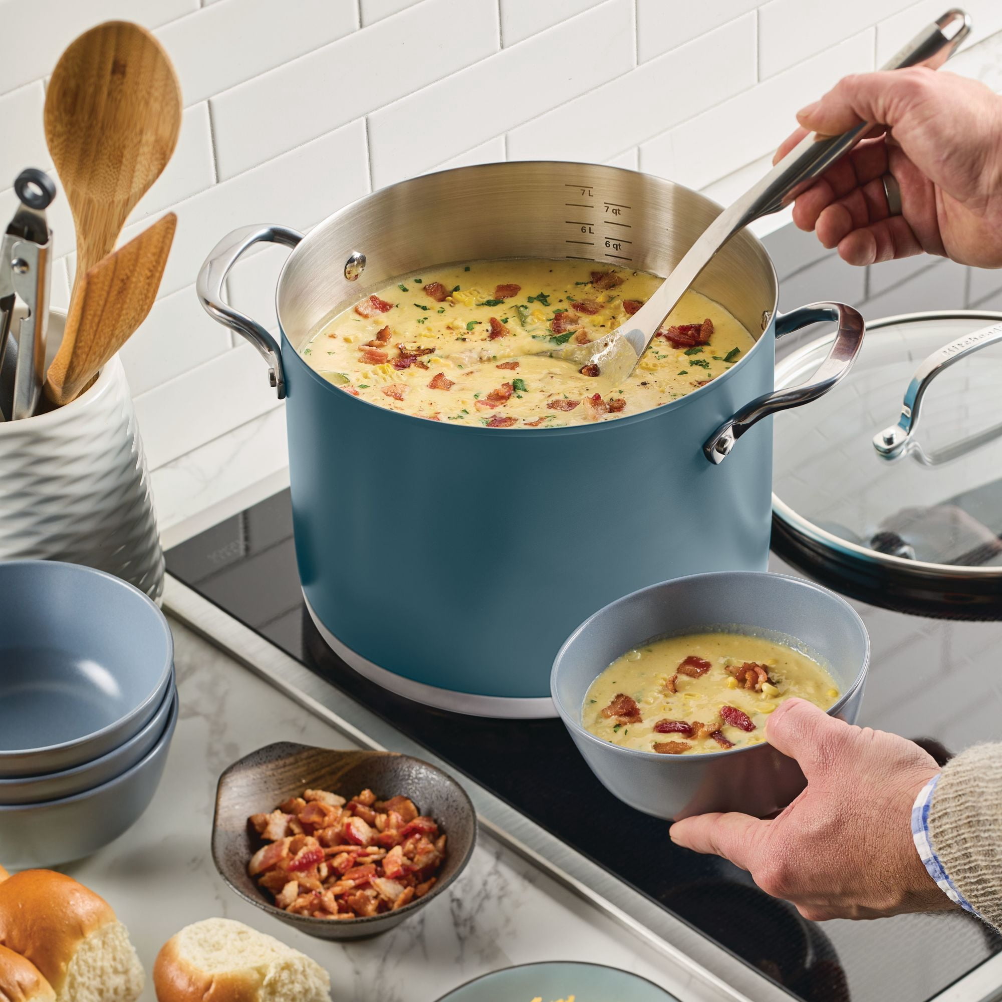 KitchenAid 8qt Color-Finished Stainless Steel 3-Ply Base Stockpot with Lid Dishwasher and Metal Utensil Safe, Induction Suitable and Oven Safe to 500°F, Agave