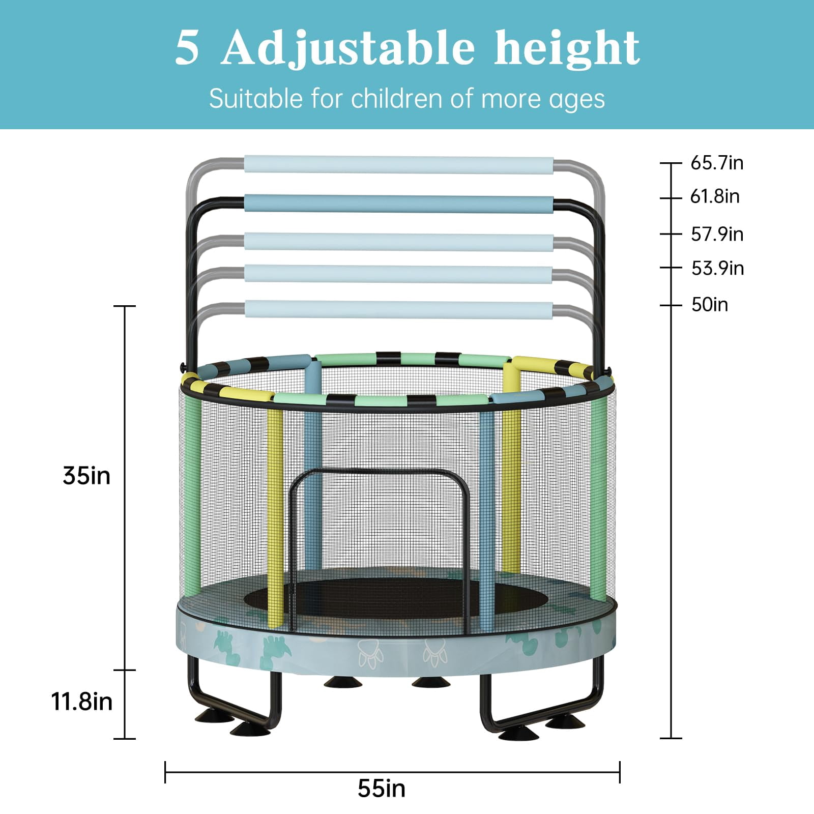 Baxluxe 55" 7-in-1 Upgraded Kids Trampoline, Reinforced Safe Design with Adjustable Height & Net, 500lbs Capacity Indoor and Outdoor Mini Trampoline for Boys & Girls Ages 3-8, Blue Dinosaur