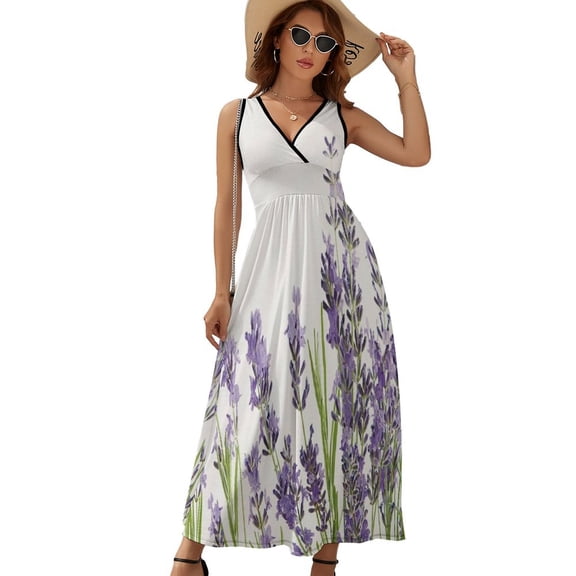 Lavender Flowers on White Background Dress Fashion Boho Beach Long Dresses Female Party Printed Maxi Dress