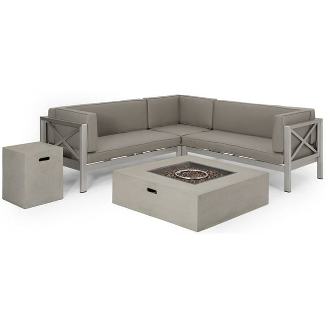 Noble House La Vista 5 Seater V-Shape Sectional Sofa Set Khaki Silver/Light Gray
