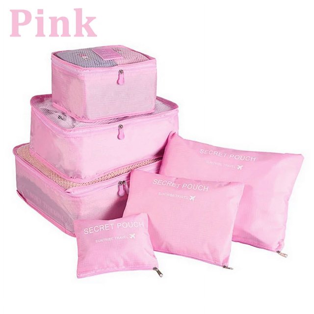 6pcs Set Travel Storage Bags Suitcase Packing Set Storage Cases Portable Luggage Organizer Clothes Shoe Foldable Organizer Pink