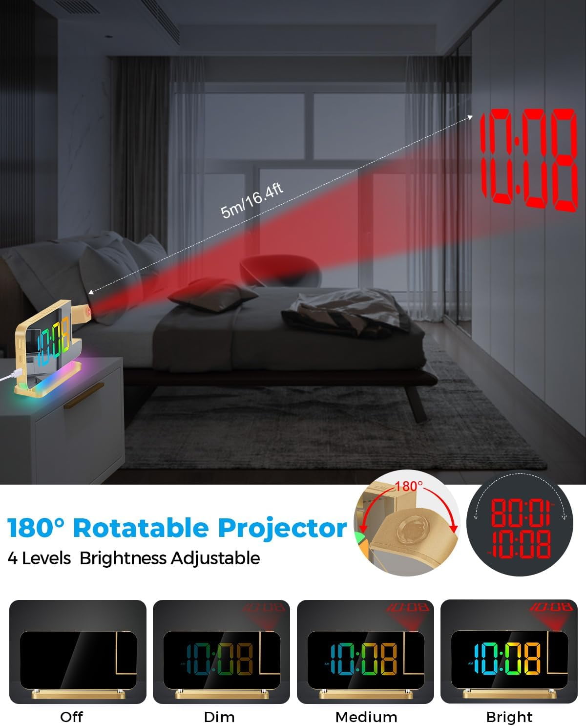 Wiher Projection Alarm Clock,7.4 in LED Mirror Digital Clocks Projection on Ceiling Wall,with RGB Night Light,USB C Charging Port,Auto Dimming,Modern Desk Clock for Bedroom Decor - Gold